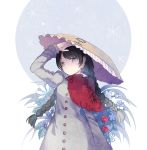  1girl ajirogasa black_hair braid buttons clothes_writing cuivre dress flower hat highres snowflakes solo touhou twin_braids twintails yatadera_narumi 