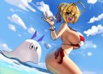  2girls ahoge bare_shoulders bikini blonde_hair breasts eu03 fate/grand_order fate_(series) green_eyes huge_breasts multiple_girls nero_claudius_(swimsuit_caster)_(fate) nitocris_(fate/grand_order) nitocris_(swimsuit_assassin)_(fate) red_bikini side-tie_bikini sideboob striped striped_bikini swimsuit thighs white_bikini 