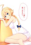  1girl :o ahoge ass bangs bare_arms bare_legs bare_shoulders barefoot blazblue blonde_hair blue_bow blue_eyes bow braid breasts commentary_request creme_caramel es_(xblaze) eyebrows_visible_through_hair food hair_bow hair_flaps highres huge_ahoge large_breasts leaning_on_object long_hair looking_at_viewer looking_to_the_side ocha_(ochappie) one-piece_swimsuit oversized_object plate pudding simple_background single_braid sitting solo speech_bubble swimsuit talking tongue tongue_out translation_request wariza white_background white_swimsuit xblaze xblaze_code:_embryo 