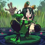  10s 1girl asui_tsuyu black_hair blush_stickers bodysuit boku_no_hero_academia breasts fly frog_girl gloves goggles goggles_on_head grass green_hair highres lily_pad long_hair long_tongue nature outdoors pond sky squatting tongue wabbla water white_gloves 