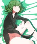  1girl bare_legs bare_shoulders black_dress blush breasts closed_mouth commentary_request curly_hair dress eyebrows_visible_through_hair green_eyes green_hair hand_on_own_knee looking_up no_panties one-punch_man sente sitting small_breasts solo tatsumaki upper_body 