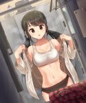  10s 1girl black_hair blush breasts brown_eyes cleavage collarbone dripping eyebrows_visible_through_hair idolmaster idolmaster_cinderella_girls kamille_(vcx68) long_hair looking_at_viewer medium_breasts nakano_yuka navel parted_lips solo sweat sweat_stain sweating twintails wet 