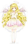  1girl :o angel_wings blonde_hair blush dress eyebrows_visible_through_hair feathered_wings flower full_body gradient_dress hair_bobbles hair_flower hair_ornament halo head_tilt highres long_hair looking_at_viewer low-tied_long_hair no_socks original parted_lips pink_dress praying shoes short_dress short_sleeves simple_background solo standing tsukiyo_(skymint) very_long_hair wavy_hair white_background white_shoes white_wings wings yellow_dress yellow_eyes 