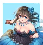  10s 1girl black_gloves blue_eyes blush breasts brown_hair cleavage earrings eyebrows_visible_through_hair gloves highres idolmaster idolmaster_cinderella_girls idolmaster_cinderella_girls_starlight_stage jewelry kamille_(vcx68) large_breasts long_hair looking_at_viewer off_shoulder parted_lips sagisawa_fumika smile solo teeth 