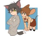  2boys animal_ears blue_eyes bow bowtie brown_hair cat_ears cat_tail gloves green_eyes grey_hair jerry_(tom_and_jerry) mouse_ears mouse_tail multiple_boys one_eye_closed personification shirt smile tail tom tom_and_jerry white_gloves yellow_sclera 
