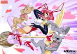  1991 1girl 90s animal artist_name bell black_gloves blue_eyes bob_cut broom bunnysuit copyright_name dated elbow_gloves gainax gloves heart high_heels looking_at_viewer misty_may nega-king official_art open_mouth otaku_no_video pink_hair pink_legwear posi-king short_hair sonoda_ken&#039;ichi thigh-highs watermark 