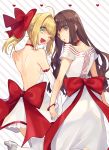  10s 2girls blonde_hair brown_hair commentary dress fate/extra fate_(series) from_behind highres hino_hinako interlocked_fingers kishinami_hakuno_(female) multiple_girls one_eye_closed red_ribbon ribbon saber_extra strapless strapless_dress yuri 