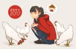  1girl 2017 animal bird black_eyes black_hair chicken chicken_nuggets coat duffel_coat food from_side hands_on_own_knees imagining kneehighs loafers looking_at_viewer original pleated_skirt red_coat shinchou_ni_kansuru_kousatsu shoes skirt smile solo squatting thought_bubble twintails year_of_the_rooster 