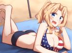  10s 1girl alternate_hairstyle american_flag_bikini ass beach bikini breasts butt_crack chin_rest cleavage eyebrows_visible_through_hair flag_print front-tie_bikini front-tie_top girls_und_panzer hair_intakes highres kapatarou kay_(girls_und_panzer) large_breasts long_hair looking_at_viewer lying on_stomach open_mouth ponytail sketch smile solo swimsuit the_pose 