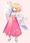  1girl absurdres animal_ears blonde_hair blue_eyes cat_ears floral_print full_body geta highres korean_clothes leaf leaf_on_head long_skirt looking_at_viewer ninnin_(choky13) open_mouth petals pink_skirt pleated_skirt short_hair skirt smile solo standing white_legwear wide_sleeves wind 