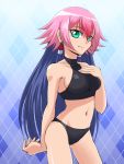  1girl bikini black_bikini black_hair breasts collarbone earrings green_eyes hair_tubes hand_on_own_chest jewelry large_breasts long_hair looking_at_viewer luna_(yuu-gi-ou_zexal) multicolored_hair navel pink_hair sideboob solo swimsuit two-tone_hair yu-gi-oh! yuu-gi-ou_zexal 