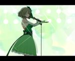  10s 1girl bare_shoulders breasts brown_hair commentary_request detached_sleeves dress from_side gloves green green_dress green_eyes green_gloves hair_ribbon holding holding_microphone idolmaster idolmaster_cinderella_girls large_breasts letterboxed looking_away microphone open-back_dress outstretched_arm parted_lips profile ribbon sente short_hair solo spotlight standing takagaki_kaede 