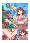  ! 10s 2girls absurdres blush bra breasts brown_eyes brown_hair closed_mouth collarbone comic eyebrows_visible_through_hair flower highres idolmaster idolmaster_cinderella_girls idolmaster_cinderella_girls_starlight_stage kamille_(vcx68) korean long_hair looking_away medium_breasts multiple_girls parted_lips pink_bra shibuya_rin shimamura_uzuki smile speech_bubble spoken_exclamation_mark translation_request underwear wet wet_clothes 