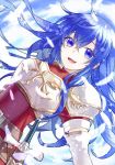  1girl armor blue_eyes blue_hair blush fire_emblem fire_emblem:_mystery_of_the_emblem gloves kiyuu long_hair sheeda smile solo 