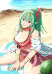  1girl beach boo_cipher breasts chiki cleavage_cutout fire_emblem fire_emblem:_kakusei fire_emblem_heroes green_hair grin highres large_breasts looking_at_viewer pointy_ears smile solo 