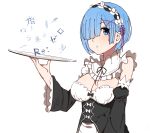  1girl bangs blue_eyes blue_hair blunt_bangs blush breasts closed_mouth collar commentary_request copyright_name detached_collar detached_sleeves frilled_collar frilled_hairband frills hair_over_one_eye hairband holding holding_plate looking_at_viewer maid medium_breasts one_eye_covered plate re:zero_kara_hajimeru_isekai_seikatsu rem_(re:zero) sente short_hair simple_background solo upper_body white_background wide_sleeves 