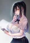  1girl :&gt; black_hair black_skirt blush book breasts cleavage closed_mouth collared_shirt commentary_request dress_shirt from_side hair_between_eyes hair_over_eyes high_ponytail holding holding_book holding_hair huge_breasts long_hair looking_at_viewer open_book original pleated_skirt ponytail red_eyes shirt skirt smile solo upper_body white_shirt wing_collar wings zhen_lu 