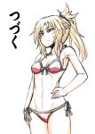  1girl artoria_pendragon_(all) bikini blonde_hair braid colored comic fate/apocrypha fate/grand_order fate_(series) green_eyes hand_on_hip highres mitsurugi_tsurugi monochrome ponytail red_bikini saber saber_of_red sweatdrop swimsuit tagme translation_request 