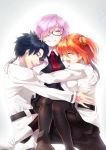  1boy 2girls :d black_hair fate/grand_order fate_(series) fujimaru_ritsuka_(female) fujimaru_ritsuka_(male) glasses group_hug highres hug multiple_girls necktie open_mouth orange_hair pantyhose purple_hair rkp shielder_(fate/grand_order) short_hair side_ponytail smile white_background 