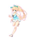  1girl bangs blonde_hair blue_eyes bow bowtie breasts cleavage collarbone dolphin_blade eyebrows_visible_through_hair frills full_body large_breasts long_hair looking_at_viewer mikeou one_leg_raised open_toe_shoes outstretched_arm ponytail sandals shoes skirt sleeveless smile solo transparent_background very_long_hair 