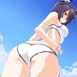  1girl ass bikini blush breasts dd_(ijigendd) eyepatch headgear highres kantai_collection large_breasts looking_at_viewer looking_back looking_down purple_hair short_hair sky solo swimsuit tenryuu_(kantai_collection) white_bikini yellow_eyes 