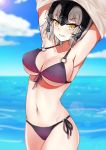  1girl absurdres beach bikini black_bikini breasts cowboy_shot fate/apocrypha fate/grand_order fate_(series) front-tie_top headpiece highres jeanne_alter jeanne_alter_(santa_lily)_(fate) looking_at_viewer medium_breasts o-ring_bikini ruler_(fate/apocrypha) side-tie_bikini silver_hair solo swimsuit undressing xiao_bing_qiaokeli yellow_eyes 
