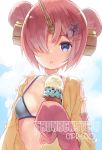  1girl :o artist_name bangs berserker_of_black bikini blue_bikini blue_eyes capriccio character_name commentary_request detached_sleeves double_bun fate/grand_order fate_(series) food hair_ornament hair_over_one_eye hairpin halter_top halterneck horns ice_cream ice_cream_cone looking_at_viewer pink_hair sleeves_past_wrists solo swimsuit upper_body 