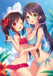  2girls :d ;d \m/ artist_request ass bangs bikini black_hair blue_bikini blush bow breasts butt_crack cowboy_shot frilled_bikini frills green_eyes hair_bow hand_on_another&#039;s_back highres long_hair looking_at_viewer love_live! love_live!_school_idol_project medium_breasts midriff multiple_girls navel one_eye_closed open_mouth pink_bikini purple_hair red_bow red_eyes side-tie_bikini small_breasts smile swimsuit toujou_nozomi twintails twisted_torso w yazawa_nico 