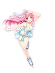  1girl bangs bare_shoulders bikini bikini_skirt blush bow breasts cleavage collarbone dolphin_blade eyebrows_visible_through_hair full_body hair_bow ice_skates large_breasts long_hair looking_at_viewer midriff mogami_noa official_art one_leg_raised pink_hair skates smile solo swimsuit transparent_background violet_eyes wristband 