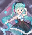  1girl aqua_hair blue_eyes blue_necktie blush breasts eyebrows_visible_through_hair gloves hatsune_miku highres long_hair looking_at_viewer medium_breasts necktie one_eye_closed open_mouth smile solo twintails useq1067 v_over_eye vocaloid white_gloves 