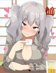  1girl blush breasts cleavage cup drinking_glass grey_hair heart kantai_collection kashima_(kantai_collection) kotatsu kozou_(rifa) looking_at_viewer sitting smile solo table twintails 