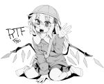  1girl :d bag bangs between_legs blush buttons commentary_request eyebrows_visible_through_hair fangs flandre_scarlet full_body greyscale hair_between_eyes hand_between_legs hand_up hat kindergarten_uniform long_hair long_sleeves monochrome no_shoes open_mouth satchel school_hat shamo_(koumakantv) side_ponytail simple_background sitting skirt slit_pupils smile socks solo touhou wariza white_background 