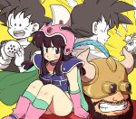  1girl 3boys :d armor back_turned beard bikini_armor black_eyes black_hair boots cape chi-chi_(dragon_ball) dougi dragon_ball dragon_ball_(object) facial_hair father_and_daughter feathers gloves gyuu_mao helmet horns long_hair looking_at_another looking_at_viewer looking_away multiple_boys open_mouth piccolo short_hair smile son_gokuu spiky_hair tkgsize wristband yellow_background 