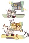  2girls betchan brown_eyes colored curtains green_eyes green_hair indoors jumping kantai_collection lighting multiple_girls scared shaking shoukaku_(kantai_collection) simple_background sitting sweatdrop tearing_up tears twintails white_hair window zuikaku_(kantai_collection) 