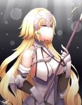  1girl armor blonde_hair breasts chains cleavage closed_eyes collarbone fate/apocrypha fate/grand_order fate_(series) flag gauntlets headpiece large_breasts long_hair plackart ruler_(fate/apocrypha) solo standard_bearer sunlight very_long_hair 