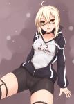  1girl absurdres ahoge artoria_pendragon_(all) ass bike_shorts black-framed_eyewear black_shorts blonde_hair blush braid choker clothes_writing crotch_seam fate/grand_order fate_(series) garters glasses gym_uniform hair_ribbon hakutakuanta heroine_x heroine_x_(alter) highres jacket looking_at_viewer open_clothes open_jacket parted_lips ribbon semi-rimless_glasses shorts sitting solo thigh-highs under-rim_glasses unzipped yellow_eyes 