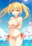  10s 1girl :d ahoge bangs bare_arms bare_legs bare_shoulders bikini blonde_hair blue_sky blush bracelet breast_hold breasts cleavage clouds cloudy_sky collarbone commentary_request cowboy_shot criss-cross_halter crossed_arms day earrings eyebrows_visible_through_hair eyelashes fate/extra fate/grand_order fate_(series) gluteal_fold green_eyes groin hair_between_eyes hair_intakes halter_top halterneck highres jewelry large_breasts legs_together long_hair looking_at_viewer medium_breasts midriff narusegawa_riko navel nero_claudius_(swimsuit_caster)_(fate) ocean open_mouth outdoors petals rose_petals saber_extra side-tie_bikini sidelocks sky smile solo standing stomach striped striped_bikini sun swimsuit thigh_gap twintails under_boob upper_teeth water 