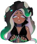  1girl :d bare_shoulders black_hair blue_eyes blush breasts cleavage crop_top dark_skin fingerless_gloves gloves green_hair green_nails headphones highres iida_(splatoon) long_hair looking_at_viewer moetooru mole mole_under_mouth multicolored_hair nail_polish octarian open_mouth pink_pupils simple_background smile solo splatoon splatoon_2 suction_cups symbol-shaped_pupils tentacle_hair two-tone_hair upper_body white_background zipper zipper_pull_tab 