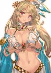  1girl bare_shoulders blonde_hair breasts cape dancer groin large_breasts lips long_hair looking_at_viewer navel original parted_lips ran&#039;ou_(tamago_no_kimi) red_eyes simple_background smile solo white_background 