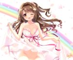  10s 1girl ;d artist_name bangs blush breasts brown_eyes brown_hair cleavage commentary_request cover cover_page doujin_cover dress dress_lift flower frilled_dress frills hair_flower hair_ornament halter_dress idolmaster idolmaster_cinderella_girls long_hair looking_at_viewer medium_breasts no_bra no_panties one_eye_closed one_side_up open_mouth out-of-frame_censoring ozawa_yuu petals pink_dress pink_ribbon rainbow ribbon shimamura_uzuki smile solo sundress swept_bangs 