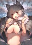  1girl :o absurdres animal_ears bangs blush bracelet breasts brown_eyes eyebrows_visible_through_hair fang fur_collar hands_up highres inubashiri_momiji jewelry kumanoi_azuki large_breasts looking_at_viewer shade short_hair silver_hair smile solo swimsuit tareme teeth thick_eyebrows touhou upper_body 