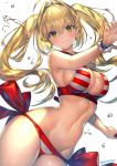 1girl ahoge bikini blonde_hair blush bracelet breasts cleavage fate/grand_order fate_(series) green_eyes hair_intakes holding jewelry kinm large_breasts long_hair looking_at_viewer navel nero_claudius_(swimsuit_caster)_(fate) simple_background smile solo striped striped_bikini swimsuit twintails twitter_username water white_background 