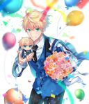  1boy absurdres ahoge blonde_hair chibi fate/grand_order fate/prototype fate_(series) formal green_eyes highres looking_at_viewer male_focus riyo_(lyomsnpmp)_(style) saber_(fate/prototype) seseragi_azuma short_hair solo suit 