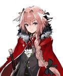  1boy andrian_gilang bangs black_ribbon braid cape commentary fate/grand_order fate_(series) flower formal grin hair_ribbon long_hair looking_at_viewer pink_eyes pink_hair red_cape ribbon rider_of_black simple_background smile solo suit sword trap tress_ribbon upper_body weapon white_background 