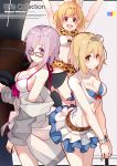  10s 3girls :d absurdres adapted_costume arms_up black-framed_eyewear black_eyes blonde_hair breasts brown_eyes casual_one-piece_swimsuit cleavage closed_mouth djeeta_(granblue_fantasy) eyebrows_visible_through_hair eyes_visible_through_hair fate/grand_order fate_(series) flower glasses granblue_fantasy hair_flower hair_ornament hairband halterneck highres kemono_friends kujou_ichiso large_breasts looking_at_viewer medium_breasts multiple_girls off_shoulder one-piece_swimsuit open_mouth outstretched_arms pink_hair scrunchie serval_(kemono_friends) shield shielder_(fate/grand_order) short_hair smile strap_gap swimsuit violet_eyes wrist_scrunchie 