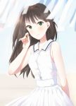  10s 1girl blush breasts brown_hair closed_mouth collarbone eyebrows_visible_through_hair furururu green_eyes idolmaster idolmaster_cinderella_girls long_hair looking_at_viewer medium_breasts shibuya_rin skirt sleeveless smile solo white_skirt 