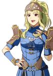  1girl blonde_hair boo_cipher clair_(fire_emblem) curly_hair elbow_gloves fire_emblem fire_emblem_echoes:_mou_hitori_no_eiyuuou fire_emblem_gaiden gloves looking_at_viewer simple_background smile white_background 