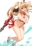  1girl allenkung1 arm_up bikini blonde_hair bracelet breasts fate/grand_order fate_(series) finger_to_mouth green_eyes highres hips jewelry large_breasts leaning_forward long_hair nero_claudius_(swimsuit_caster)_(fate) red_bikini saber_extra side-tie_bikini simple_background solo striped striped_bikini swimsuit sword thighs weapon white_background white_bikini 