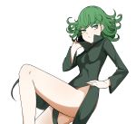  &gt;:( 1girl bare_legs blush breasts closed_eyes commentary_request curly_hair dress floating frown green_dress green_eyes green_hair hand_on_hip holding holding_phone long_sleeves looking_up medium_breasts no_panties one-punch_man phone sente short_hair simple_background solo tatsumaki white_background 