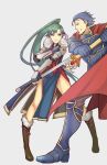  1boy 1girl armor axe blue_hair cape elbow_gloves fire_emblem fire_emblem:_rekka_no_ken fur_coat gloves green_hair grey_background hector_(fire_emblem) holding holding_sword holding_weapon kyou_(ningiou) long_hair lyndis_(fire_emblem) ponytail simple_background smile sword weapon 